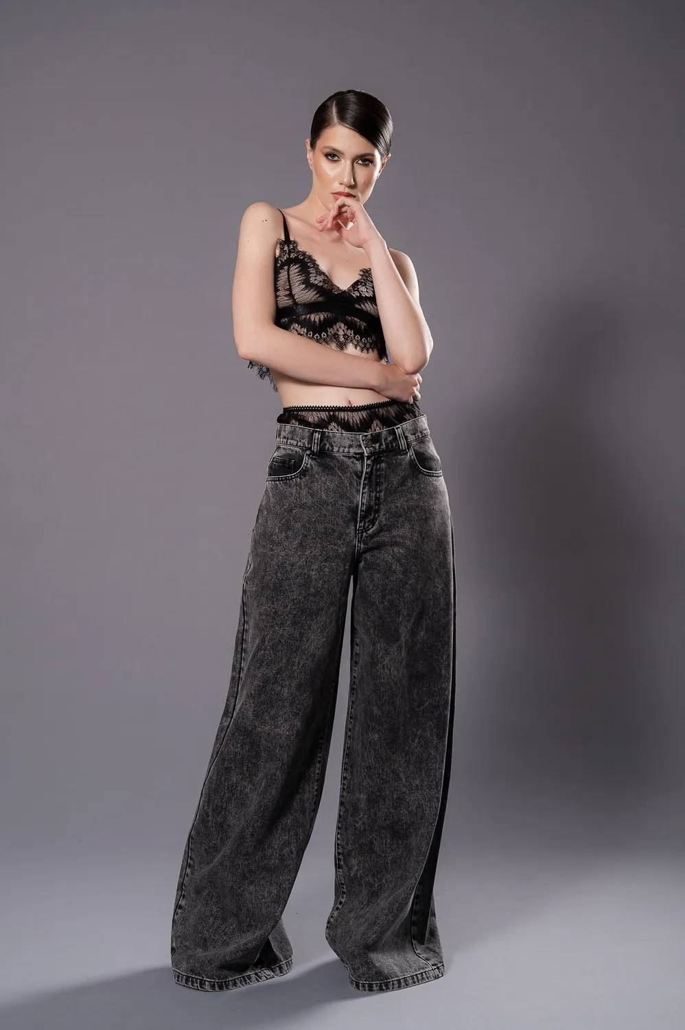 Dualitae ALLEGRA blugi dama wide leg negri talie inalta