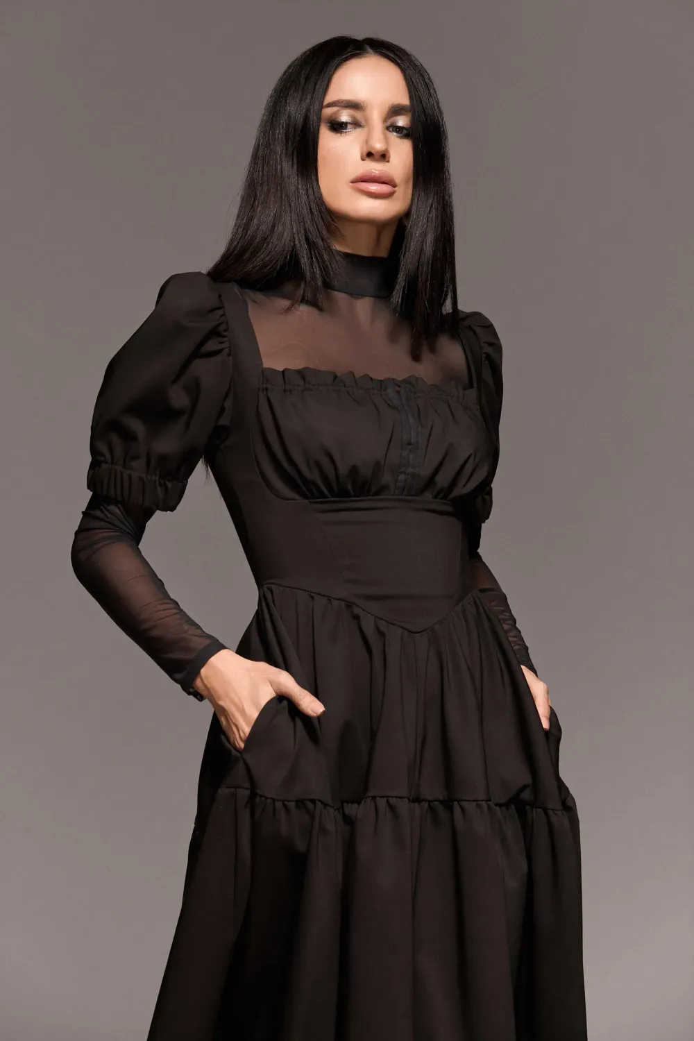 Grama Shop Milkmaid rochie lungă neagră bumbac