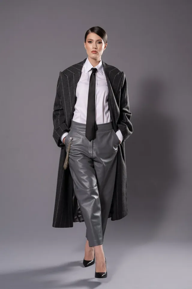 Dualitae MAGDA palton oversized gri cu dungi lana virgina