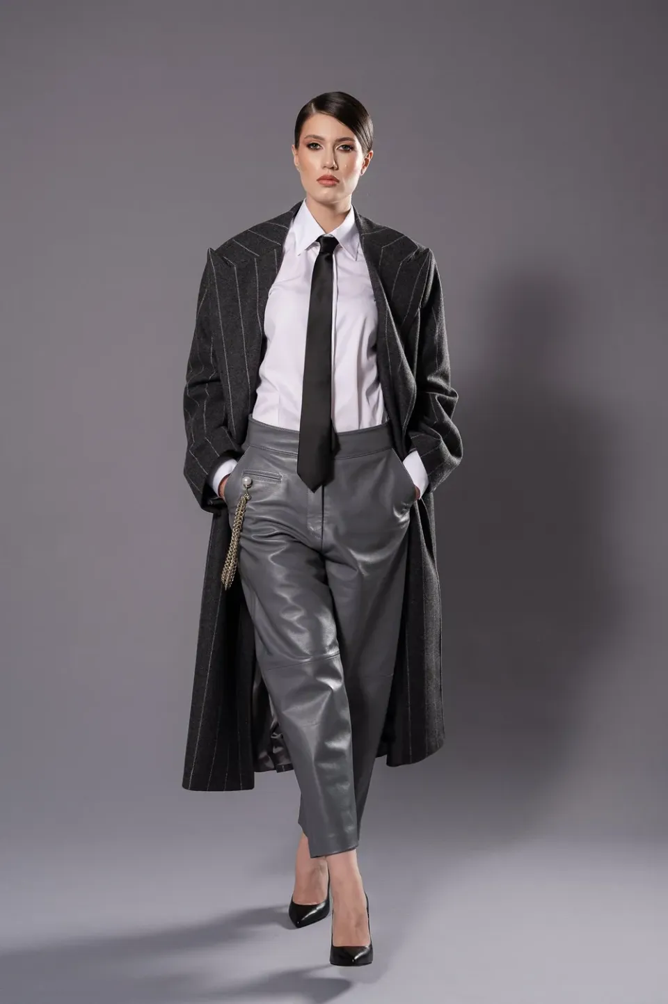 Dualitae MAGDA palton oversized gri cu dungi lana virgina