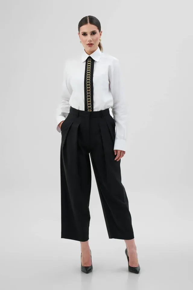 Dualitae MANON pantaloni negri stofa lungime 90 cm