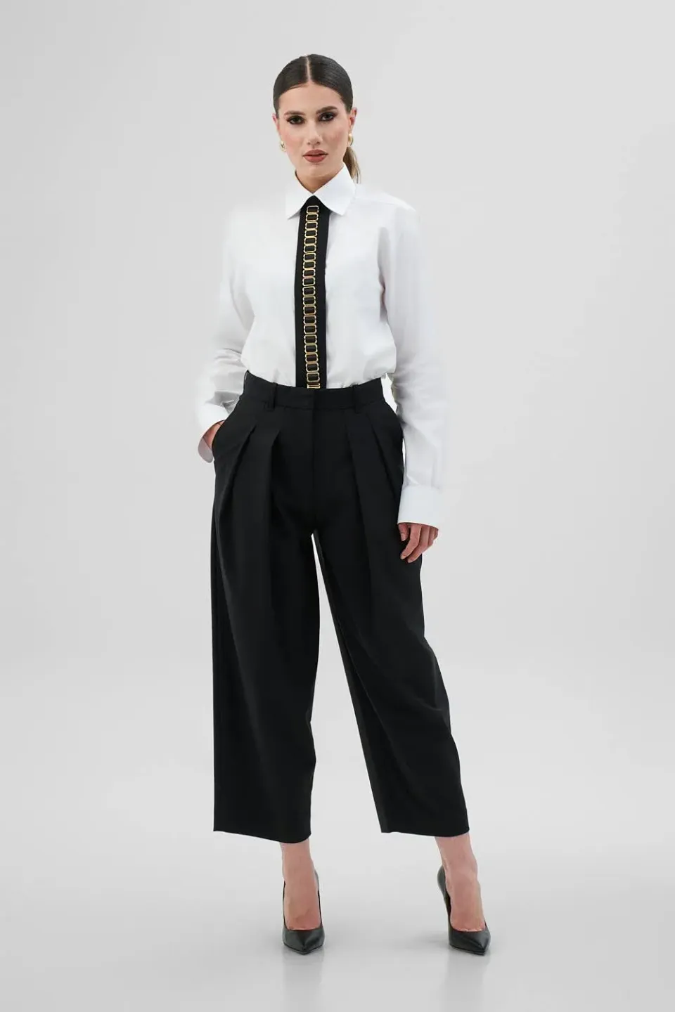 Dualitae MANON pantaloni negri stofa lungime 90 cm