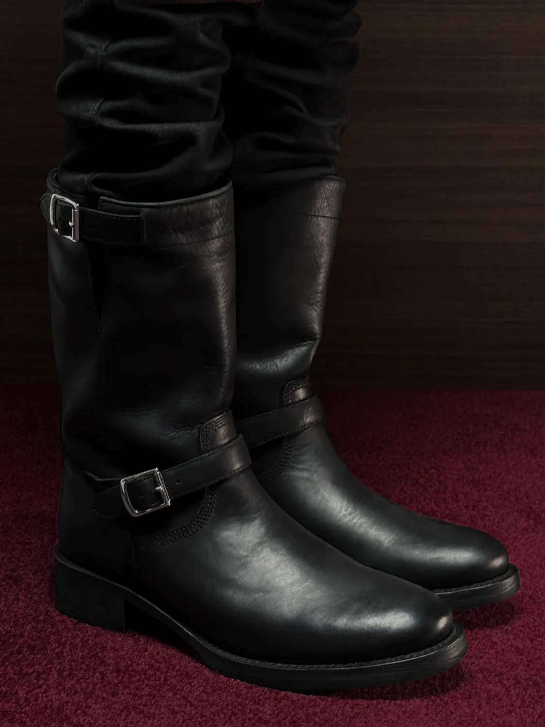 Enrage Biker Boots bocanci negri din piele cu catarame