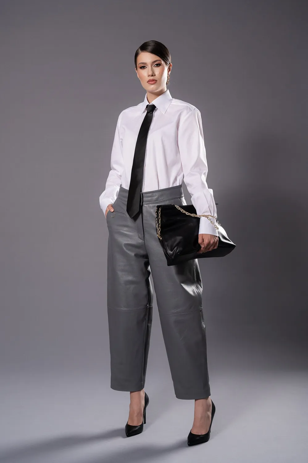Dualitae Elise pantaloni piele gri din piele oaie