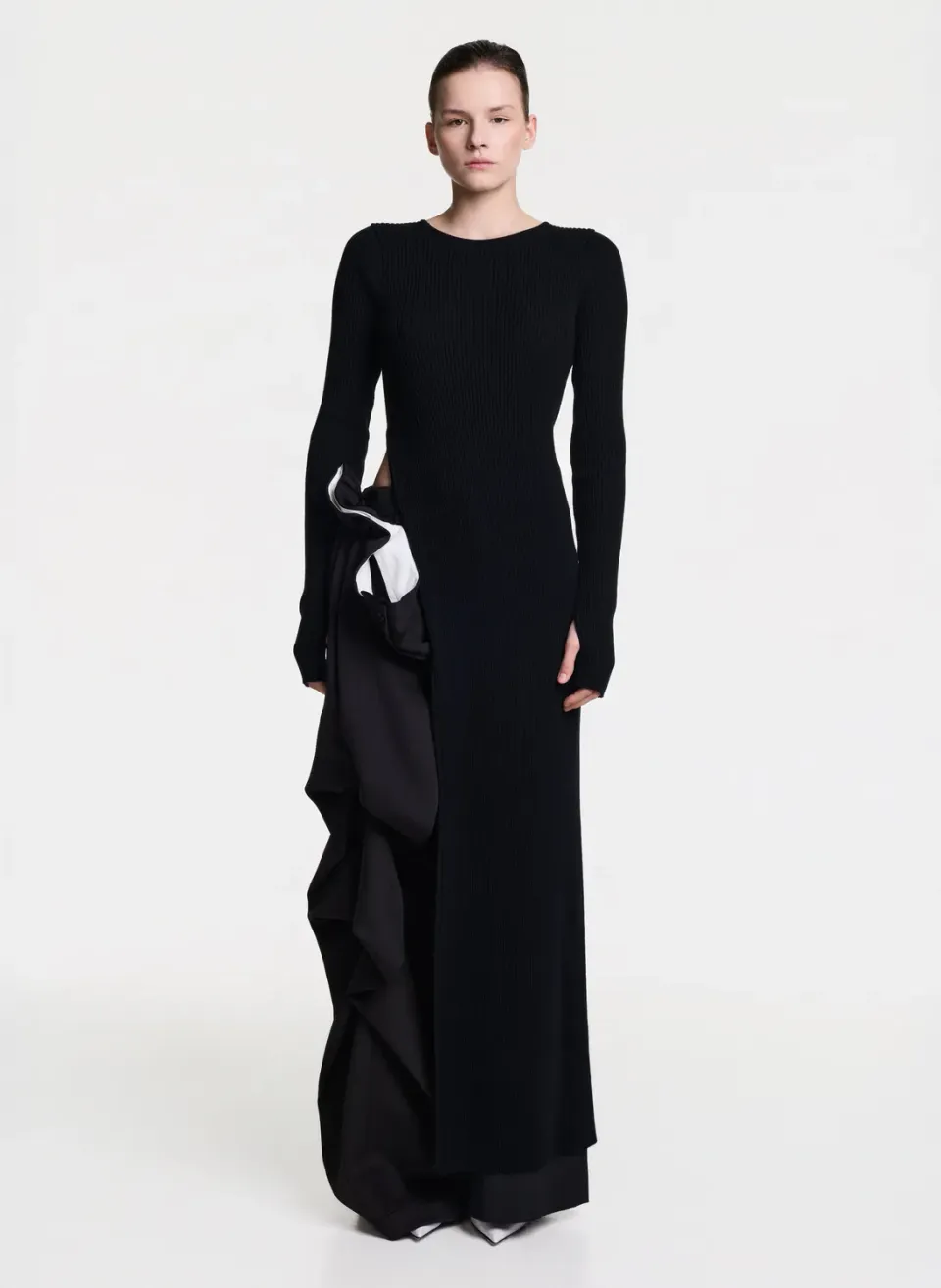 Dualitae SOLENE pantaloni negri wide leg cu pliuri lana