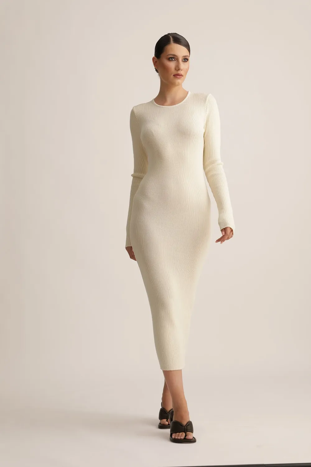 Dualitae Hemera rochie tricotată bej lână merinos