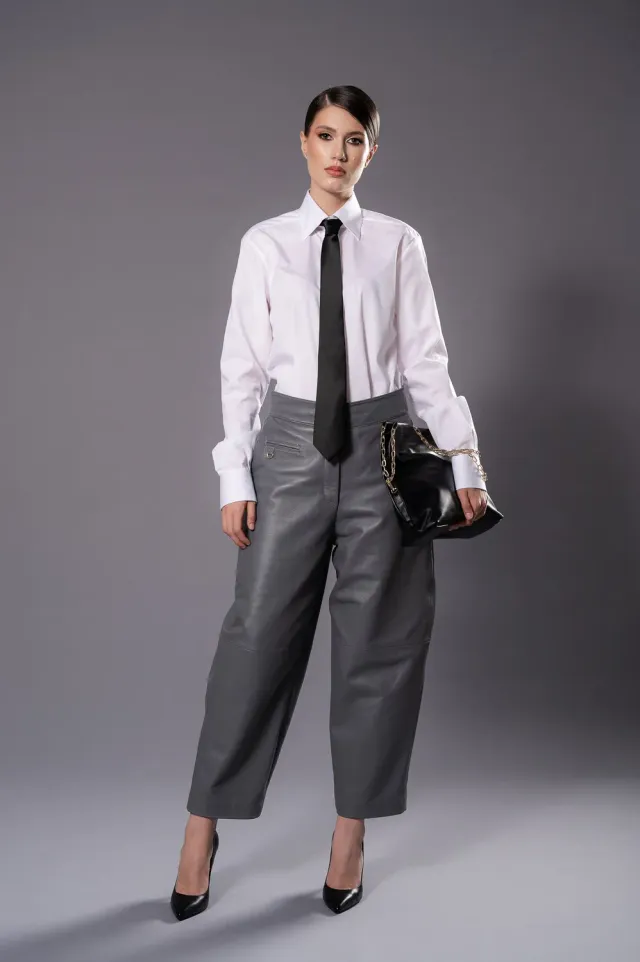 Dualitae Elise pantaloni piele gri din piele oaie