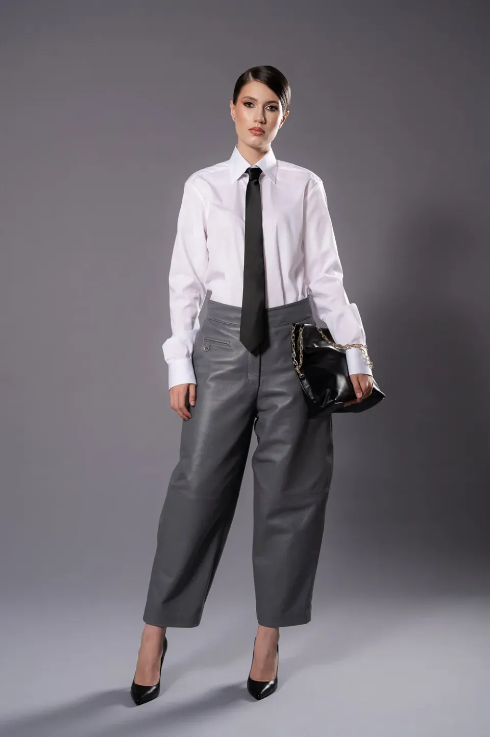 Dualitae Elise pantaloni piele gri din piele oaie