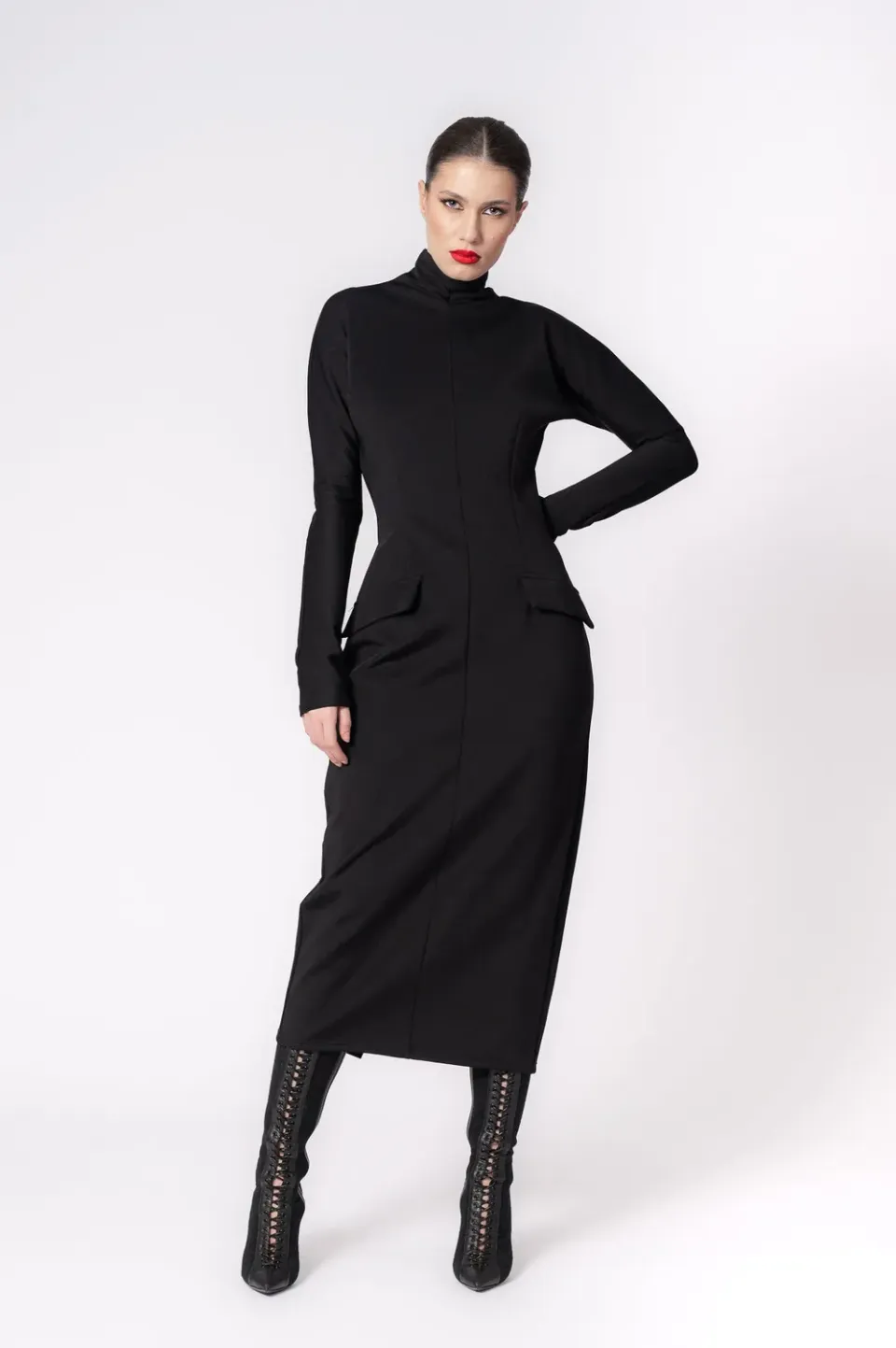 Dualitae Sabine rochie neopren neagra midi 130 cm