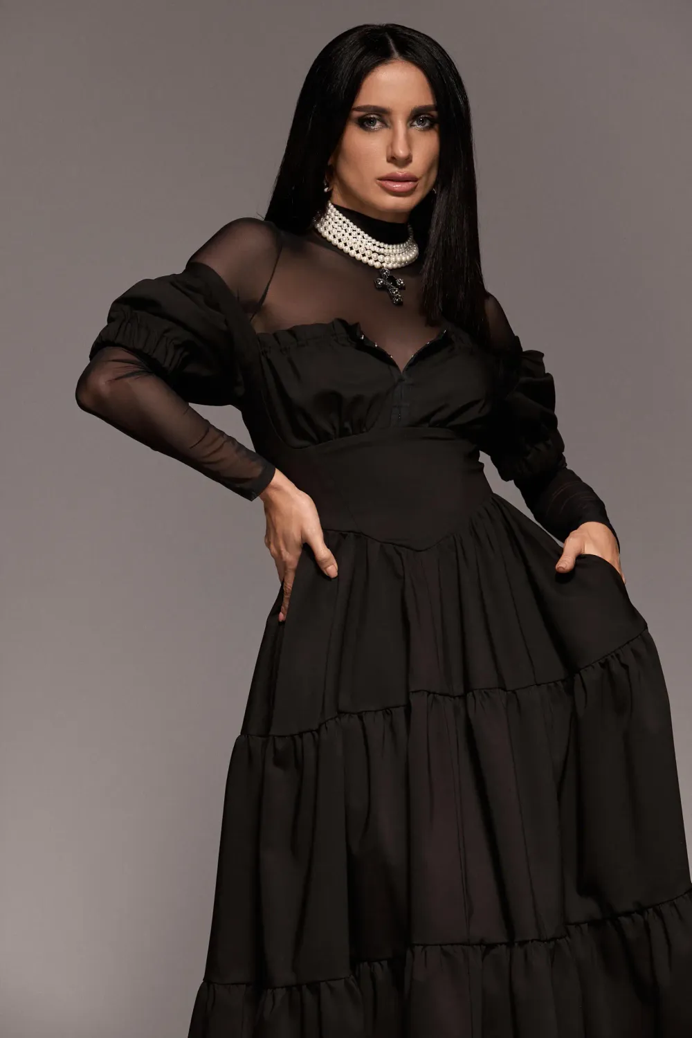 Grama Shop Milkmaid rochie lungă neagră bumbac