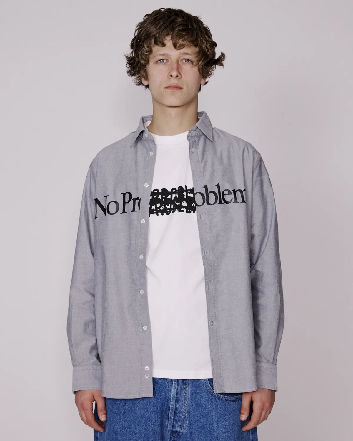 No Problemo LS Oxford Shirt cămașă gri bumbac
