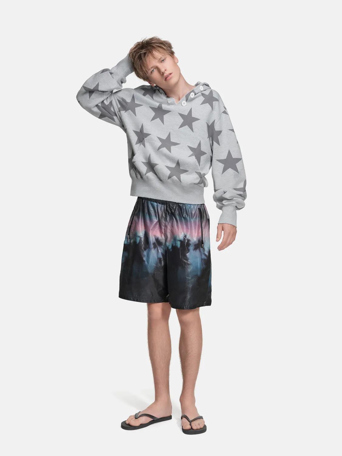 Enrage Ripped Collar Hoodie hanorac gri cu stele