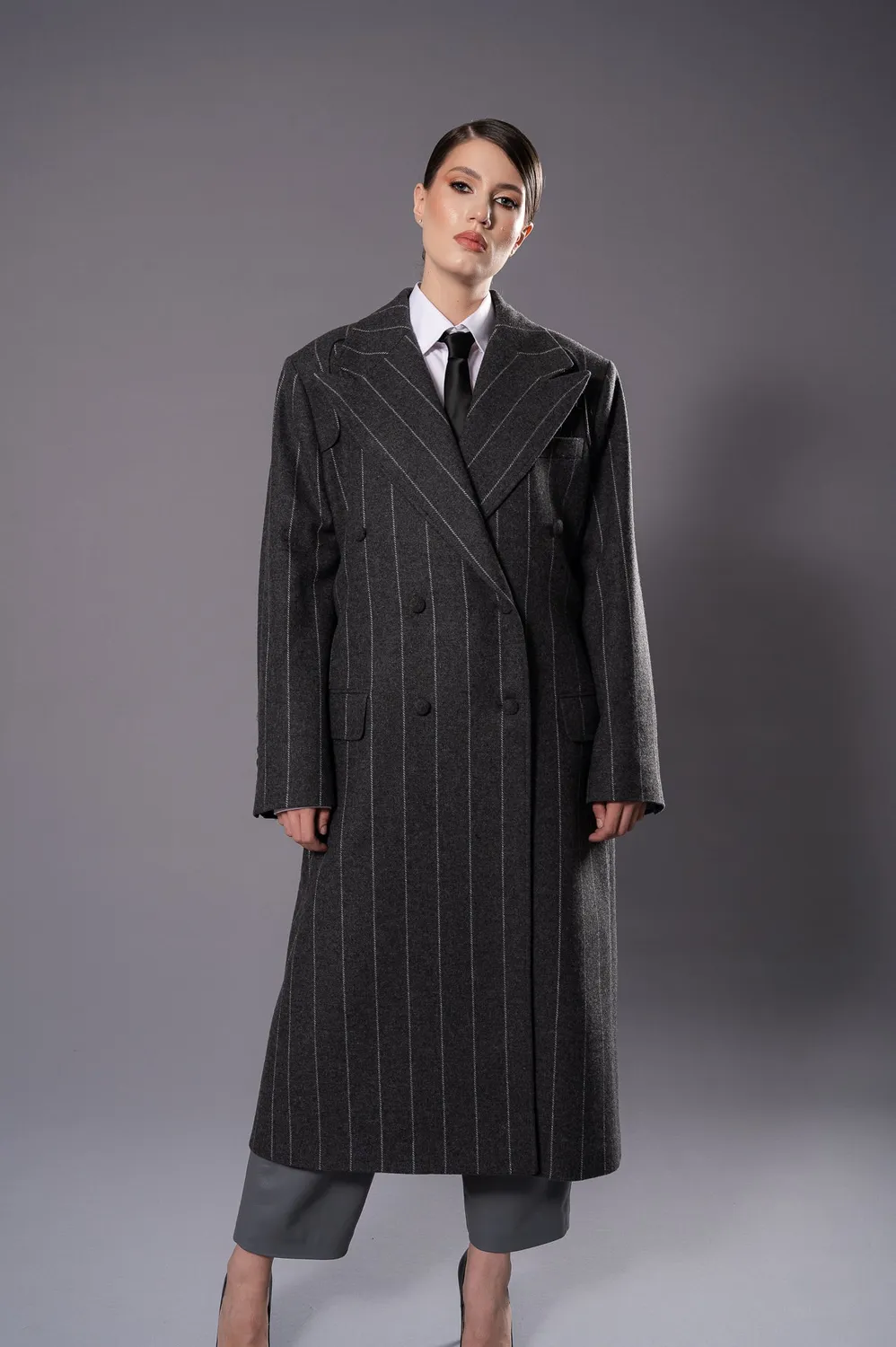 Dualitae MAGDA palton oversized gri cu dungi lana virgina
