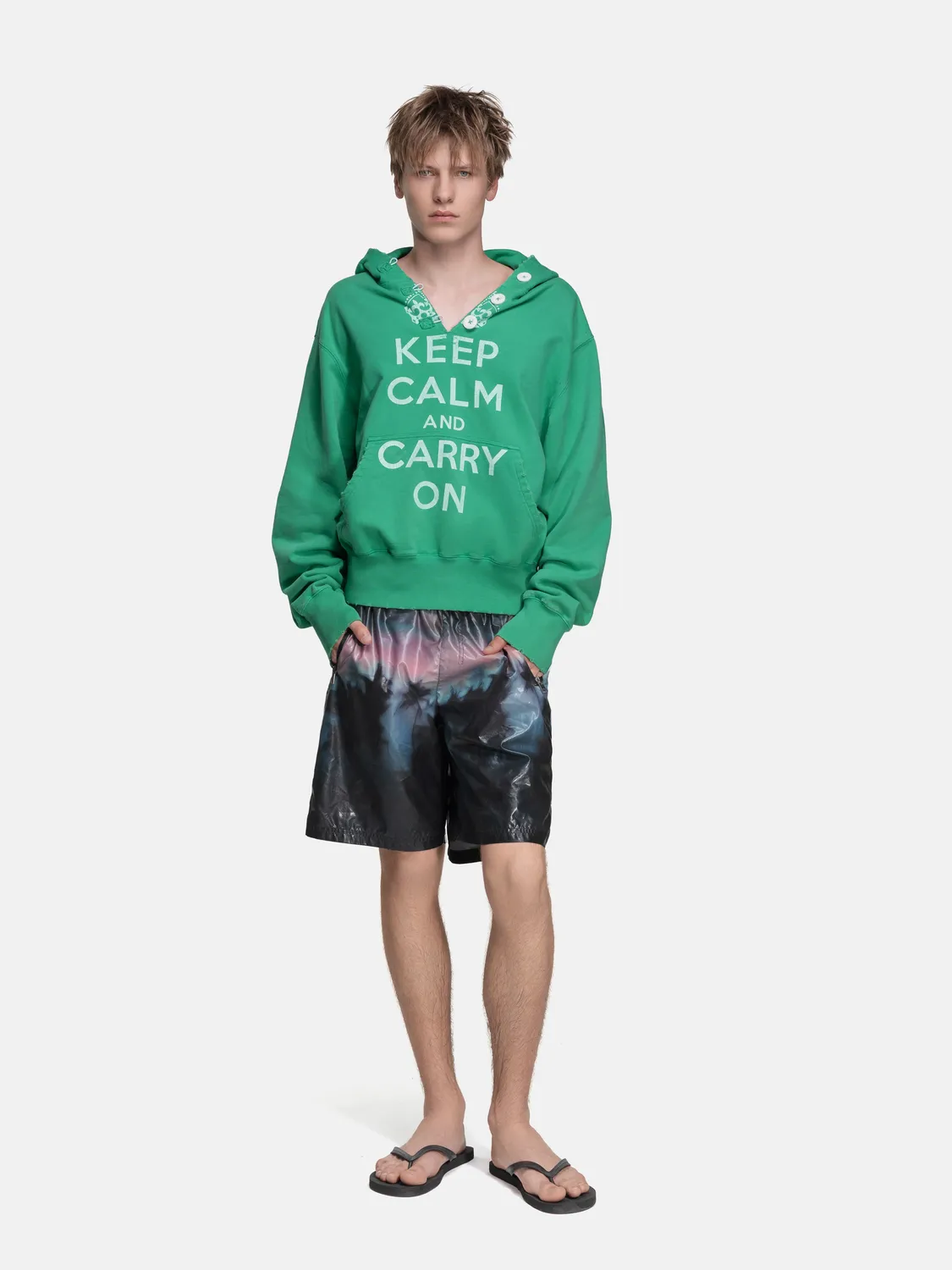 Enrage Ripped Collar Hoodie hanorac verde nasturi