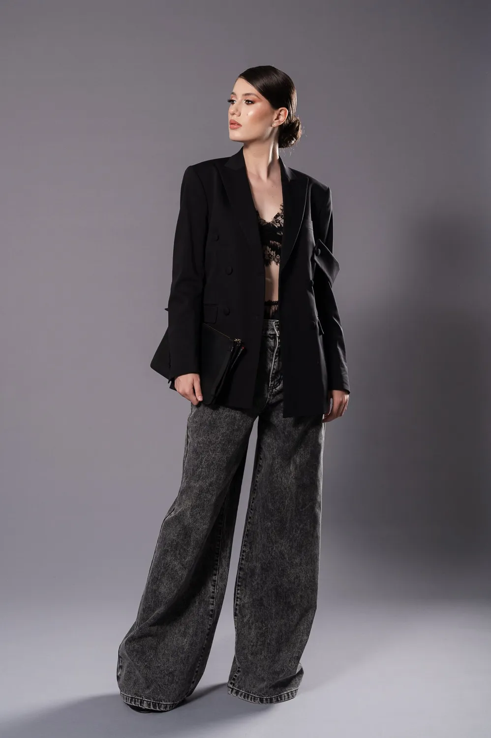 Dualitae ALLEGRA blugi dama wide leg negri talie inalta