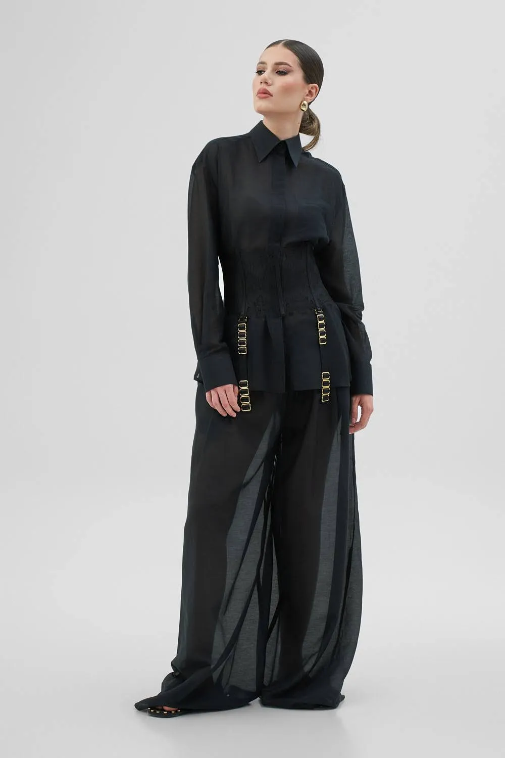 ELEA set cămașă pantaloni negru bumbac mătase S M