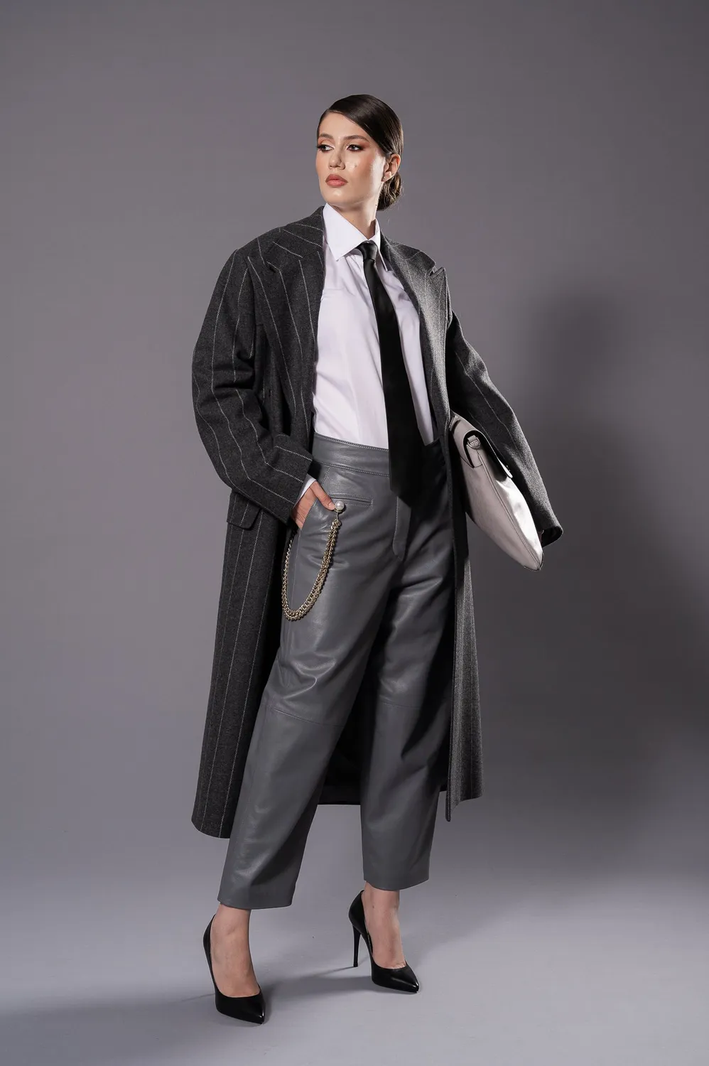 Dualitae Elise pantaloni piele gri din piele oaie