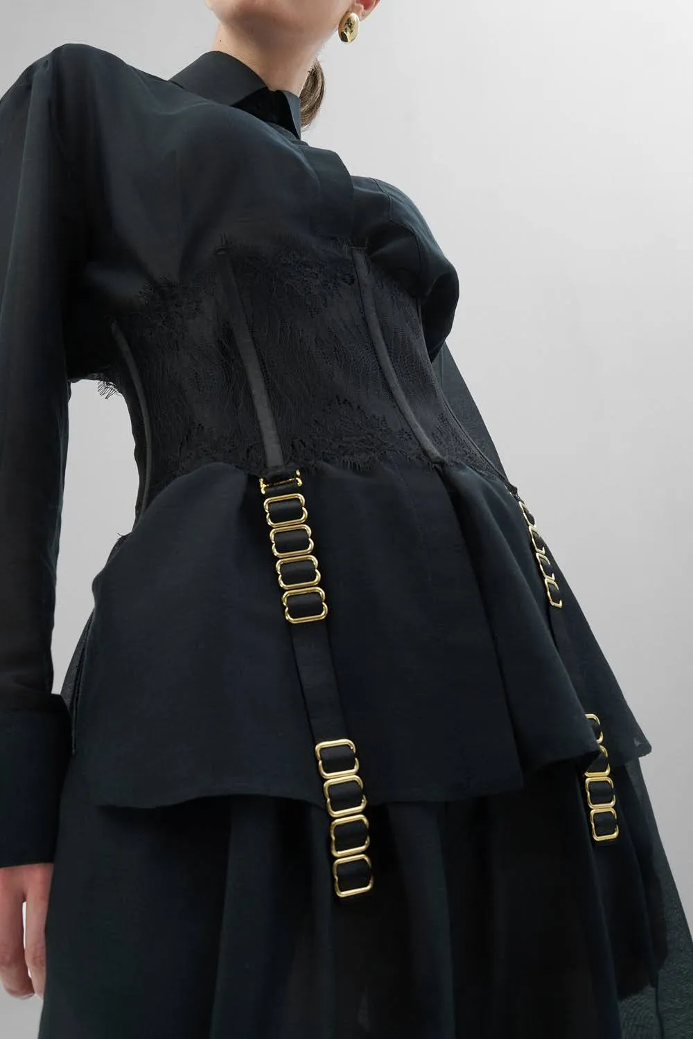 ELEA set cămașă pantaloni negru bumbac mătase S M