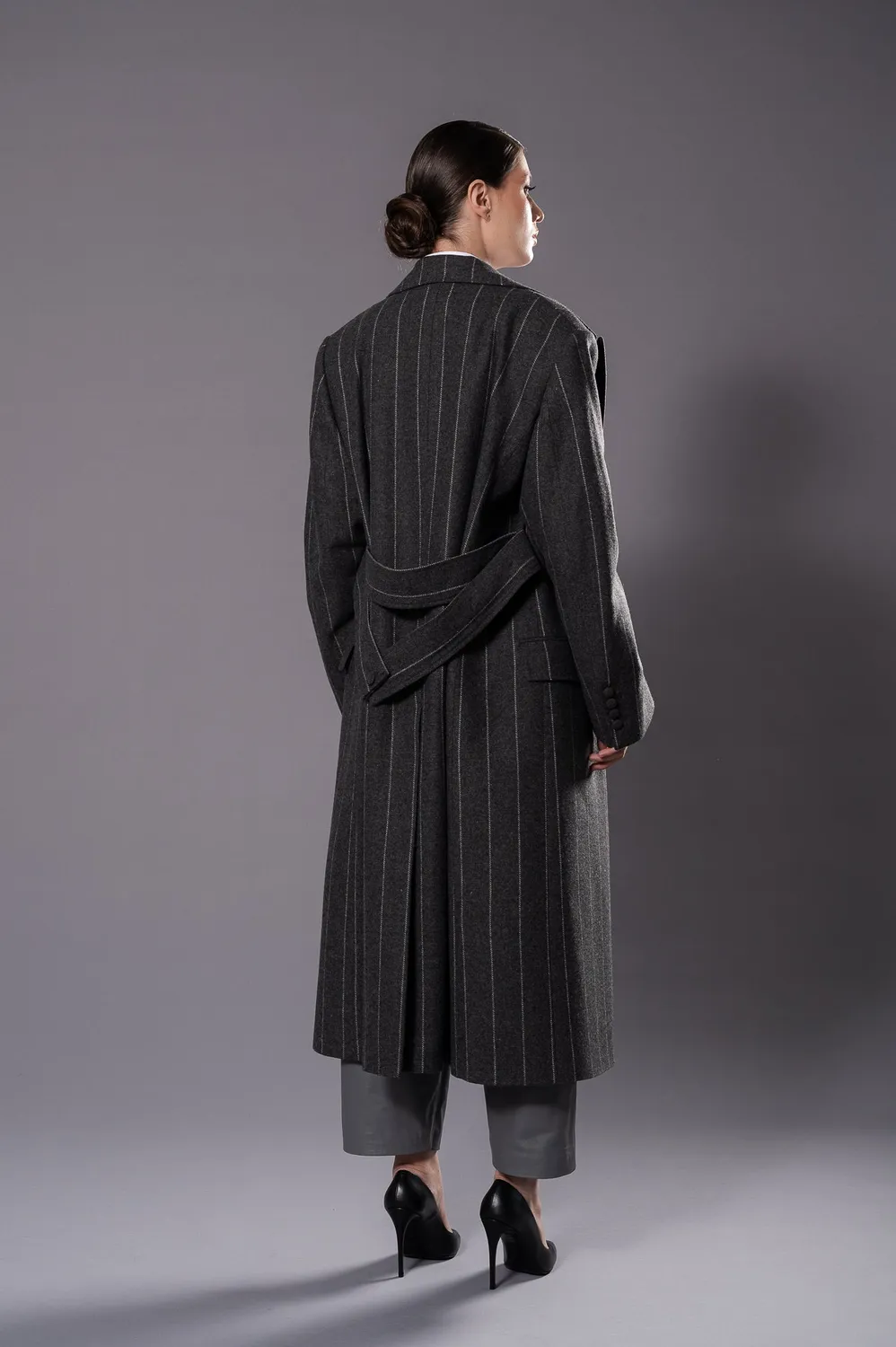 Dualitae MAGDA palton oversized gri cu dungi lana virgina