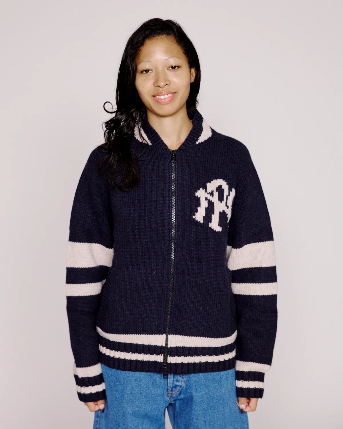 No Problemo NYP Varsity Zip Thru cardigan tricot bleumarin
