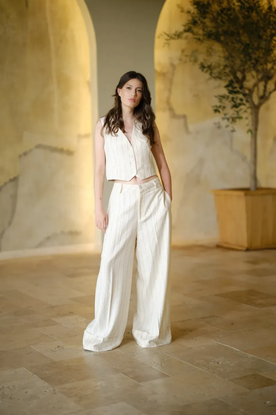 Dualitae Ivy pantaloni damă albi cu dungi negre lungi