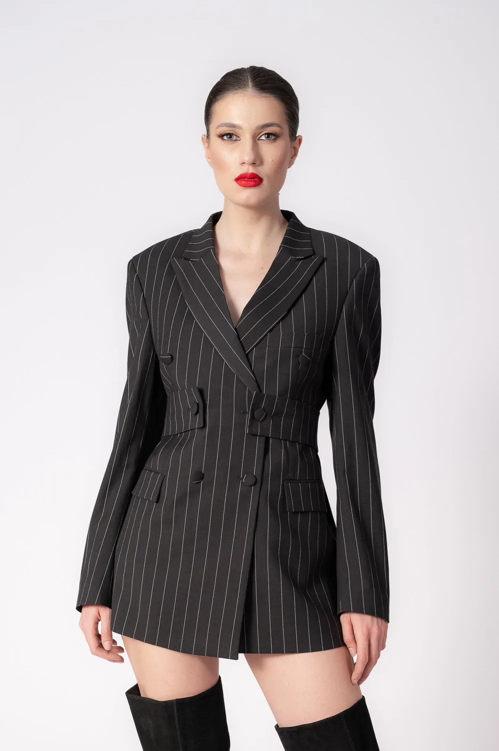 Dualitae Ella sacou negru dungi lana S-L