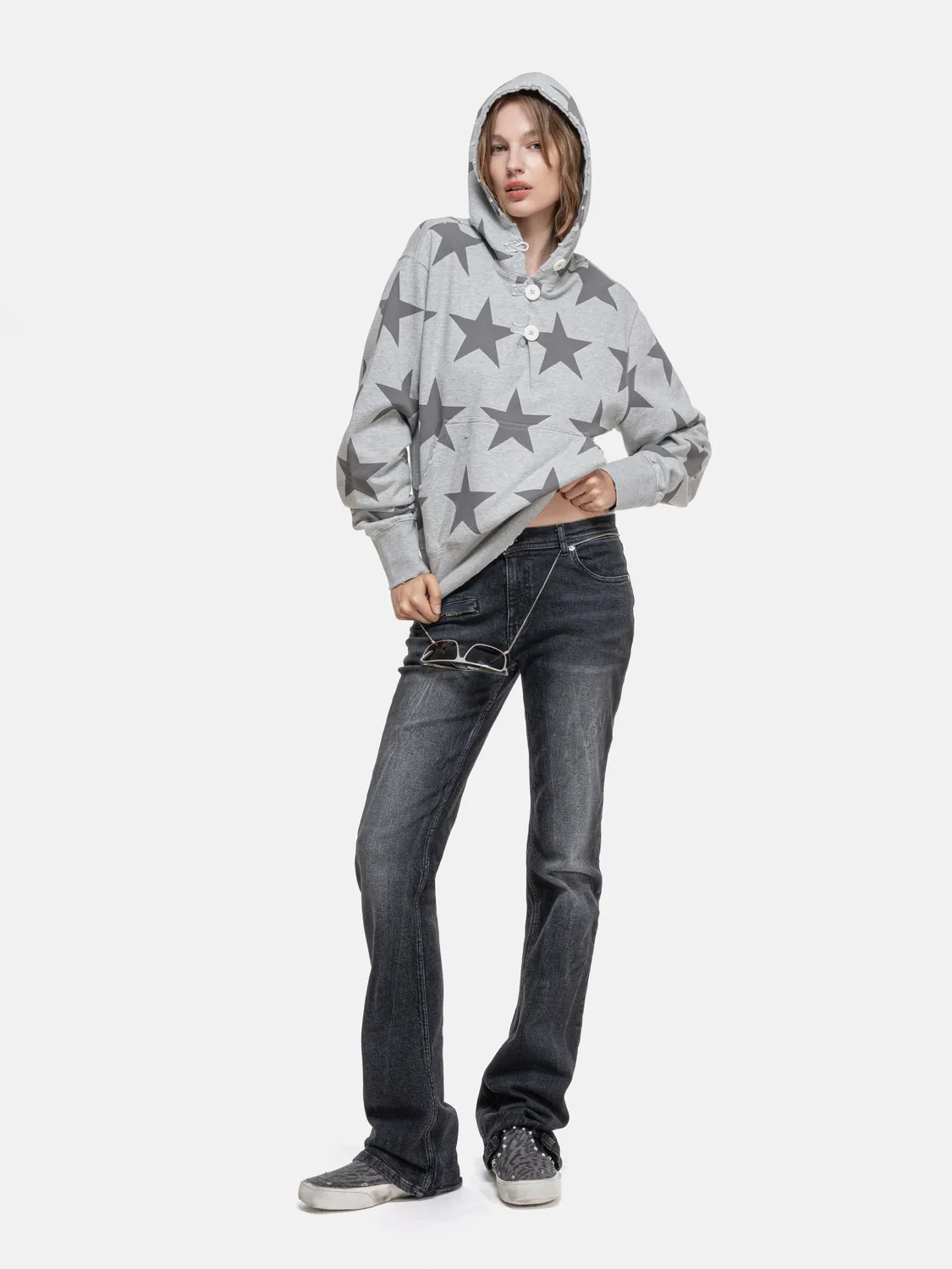 Enrage Ripped Collar Hoodie hanorac gri cu stele