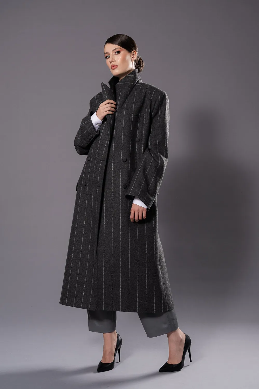 Dualitae MAGDA palton oversized gri cu dungi lana virgina