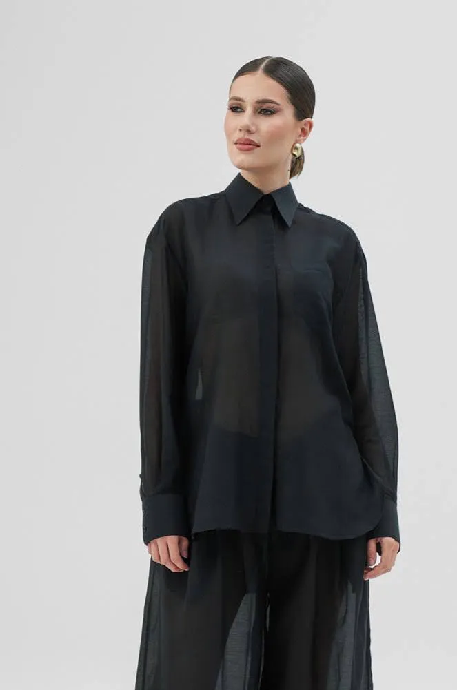 ELEA set cămașă pantaloni negru bumbac mătase S M