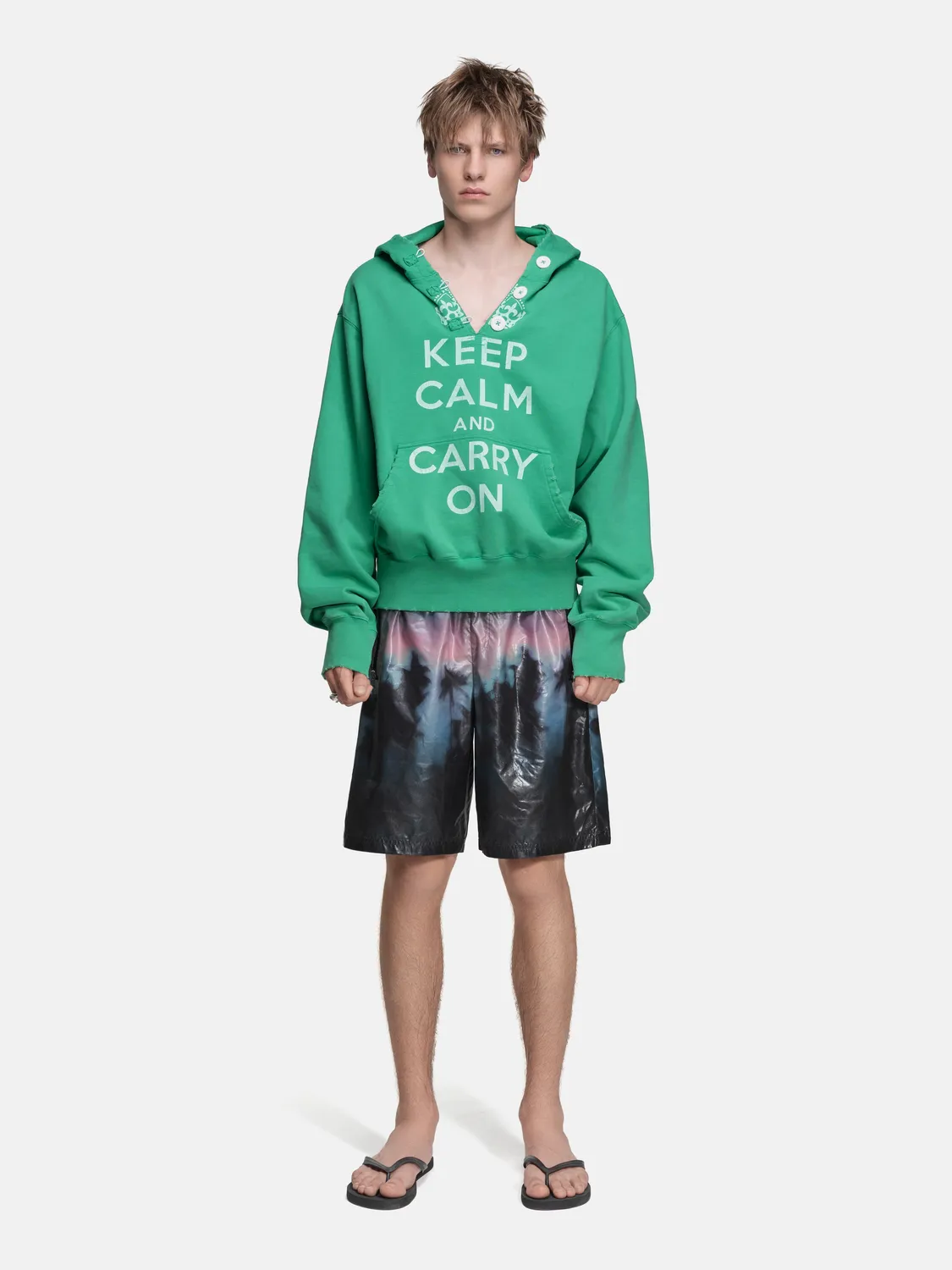 Enrage Ripped Collar Hoodie hanorac verde nasturi