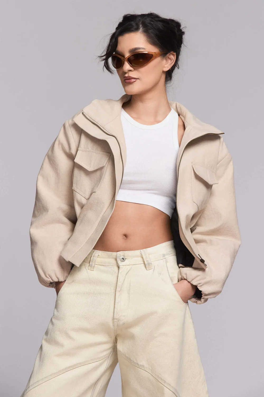 Grama Shop Bomber Denim jacheta bej bumbac
