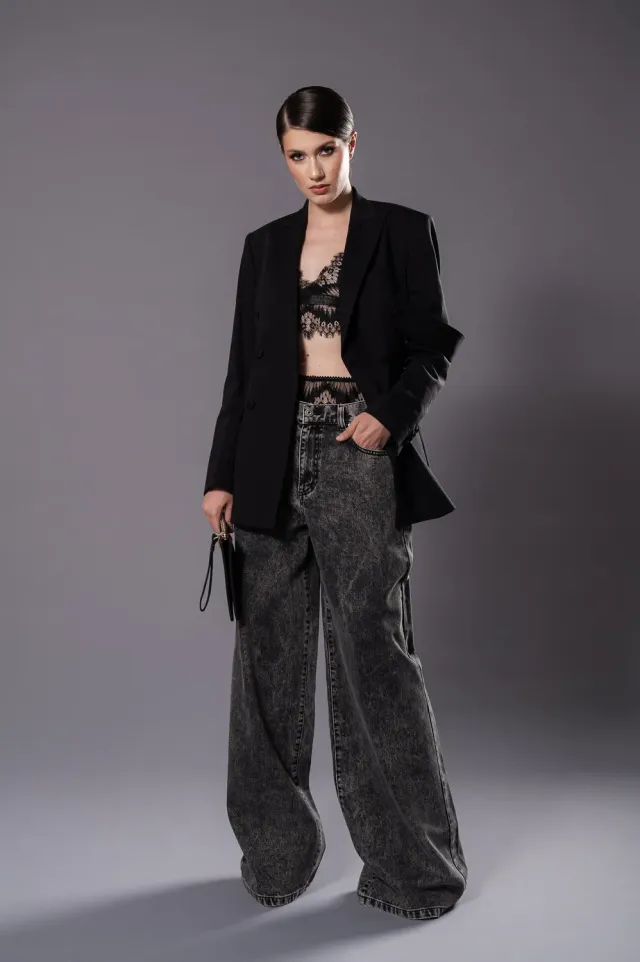 Dualitae ALLEGRA blugi dama wide leg negri talie inalta