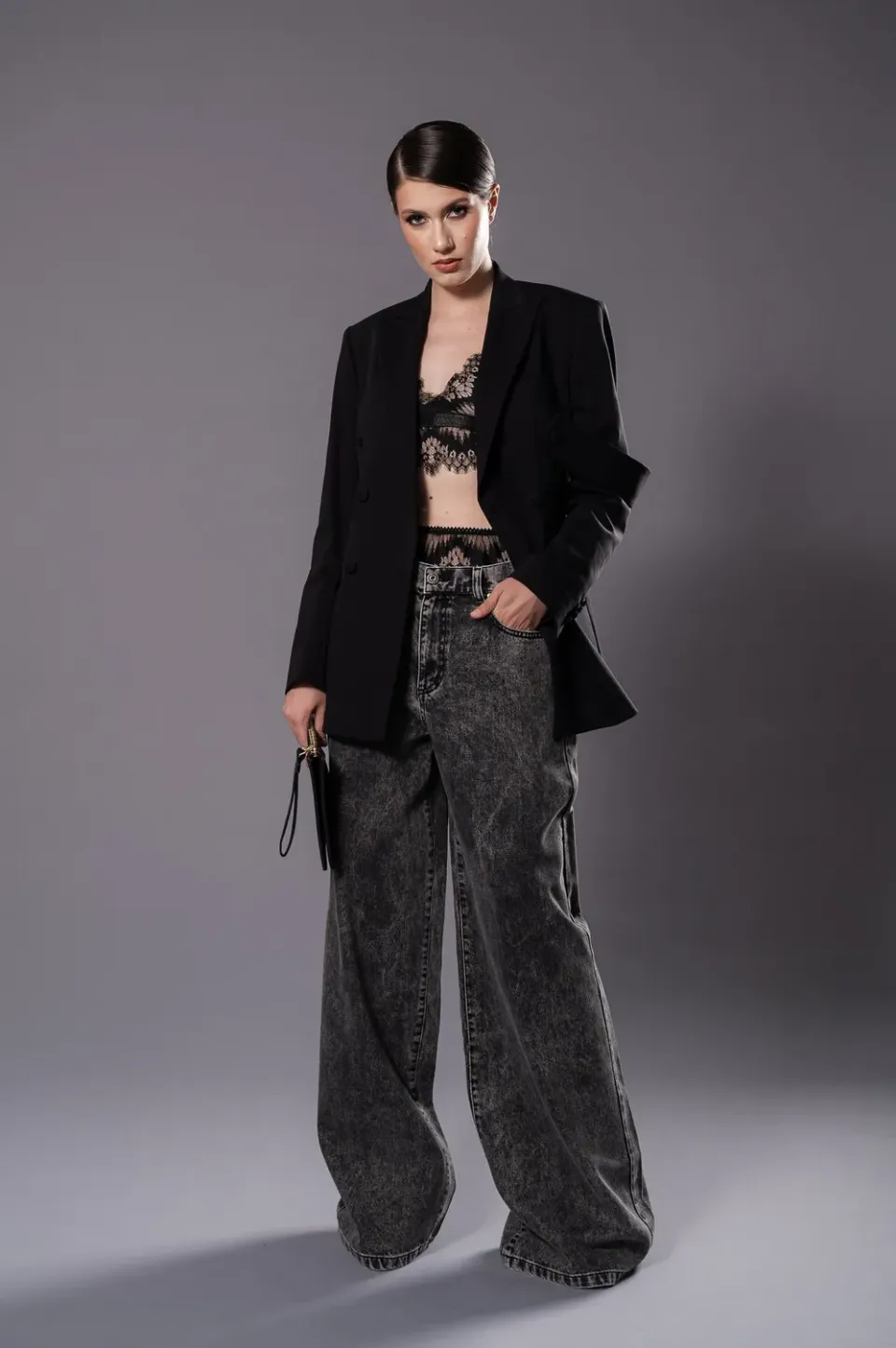 Dualitae ALLEGRA blugi dama wide leg negri talie inalta