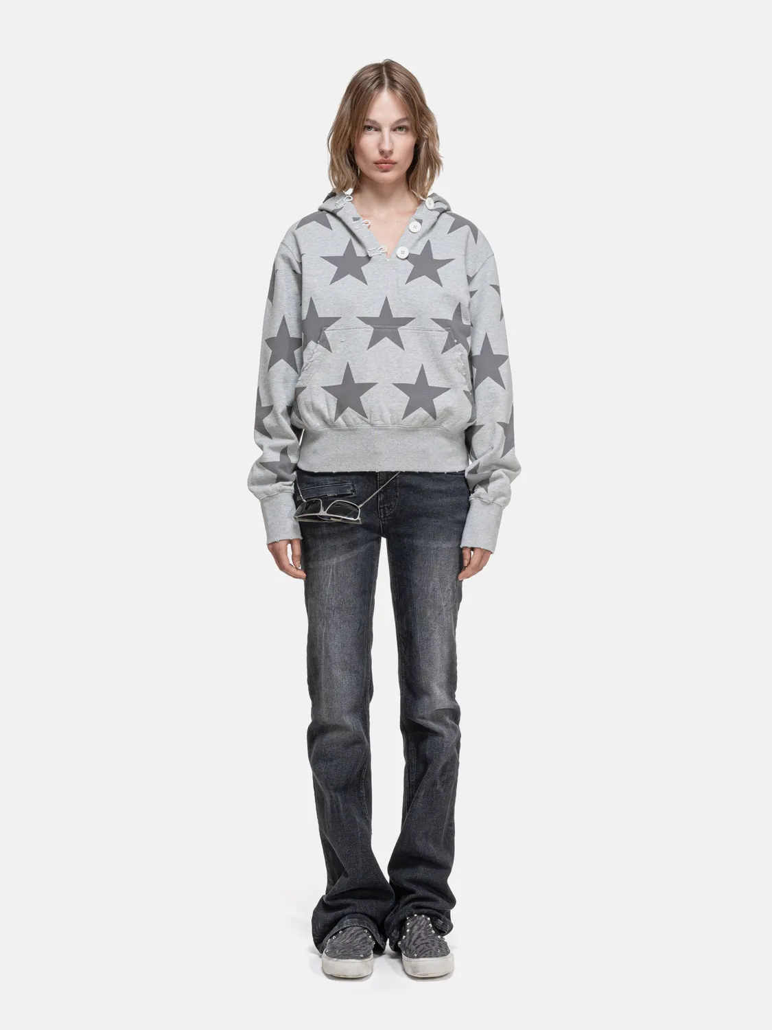 Enrage Ripped Collar Hoodie hanorac gri cu stele