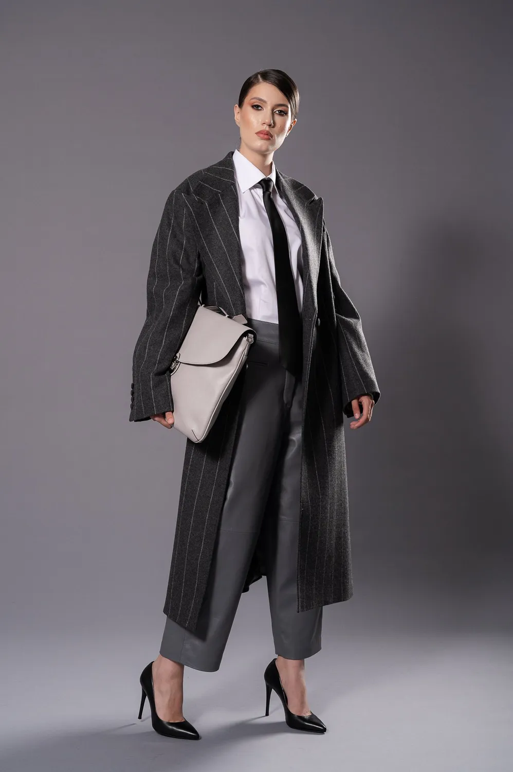 Dualitae Elise pantaloni piele gri din piele oaie
