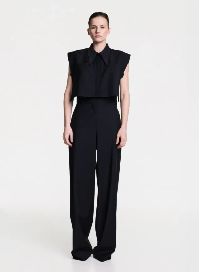 Dualitae Wide Leg pantaloni negri evazati din lana