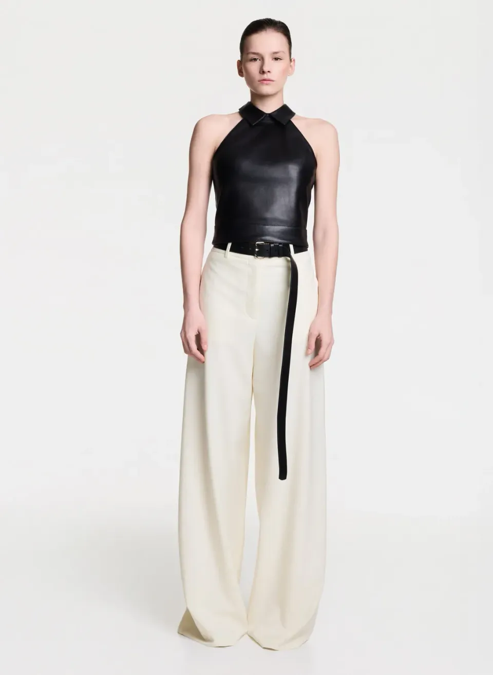 Dualitae top piele naturală negru sculptural