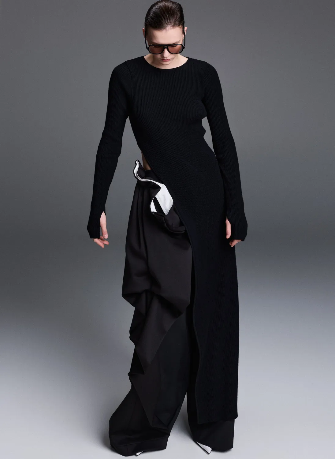 Dualitae SOLENE pantaloni negri wide leg cu pliuri lana