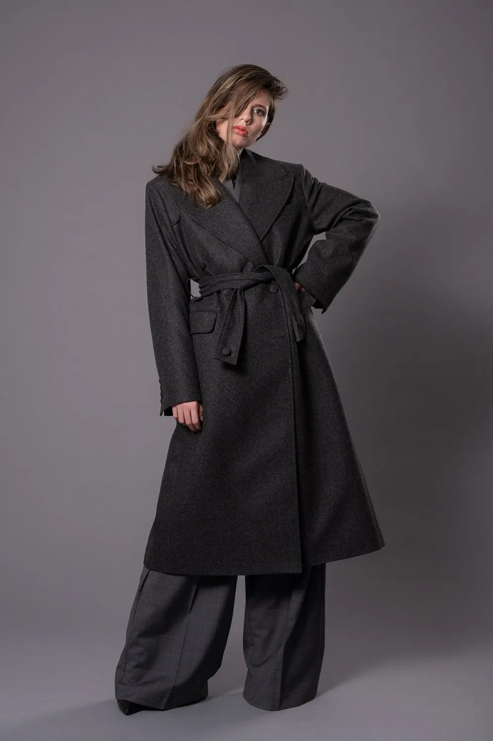 Dualitae Magda palton oversized gri antracit lânâ