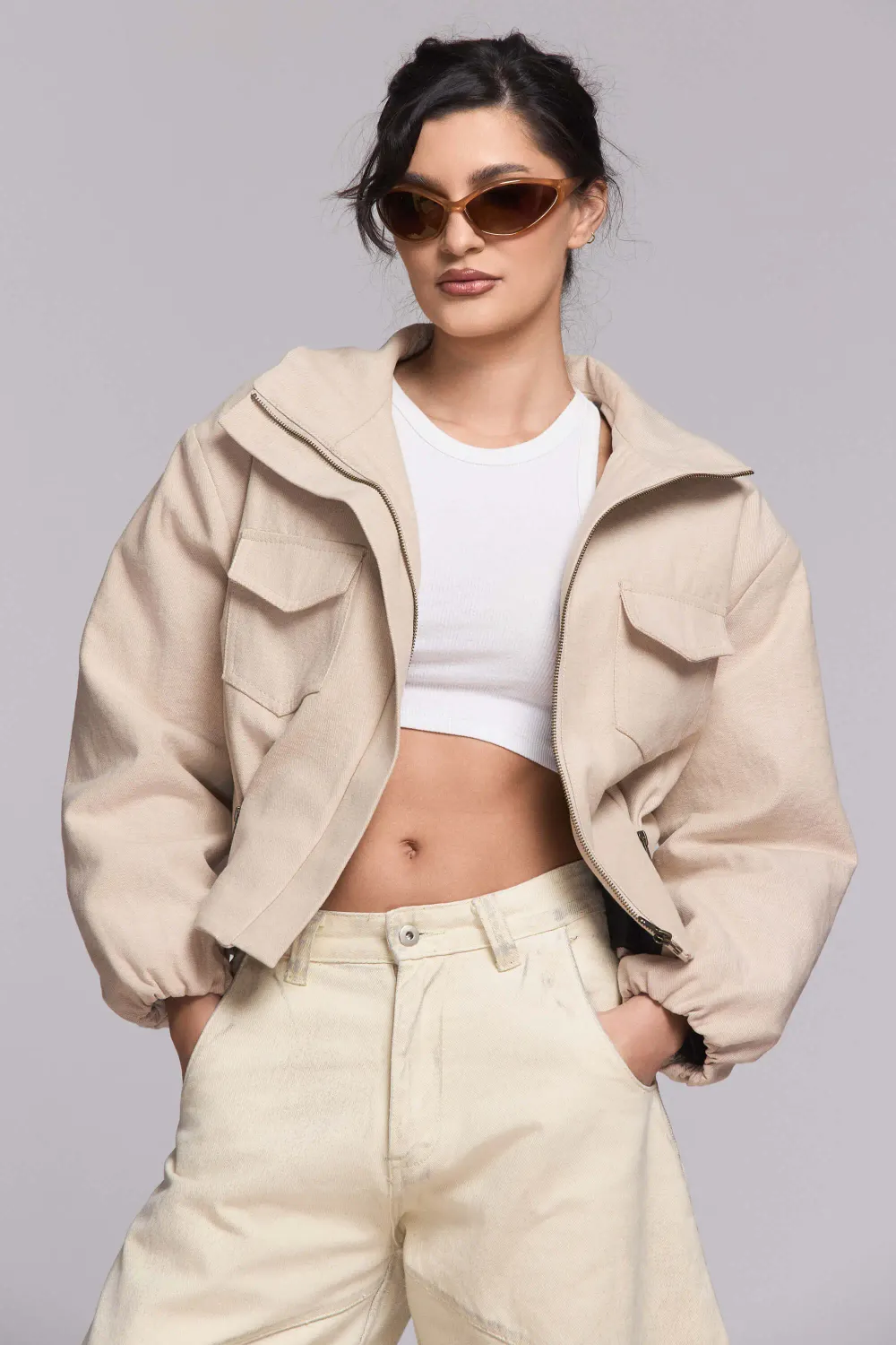 Grama Shop Bomber Denim jacheta bej bumbac