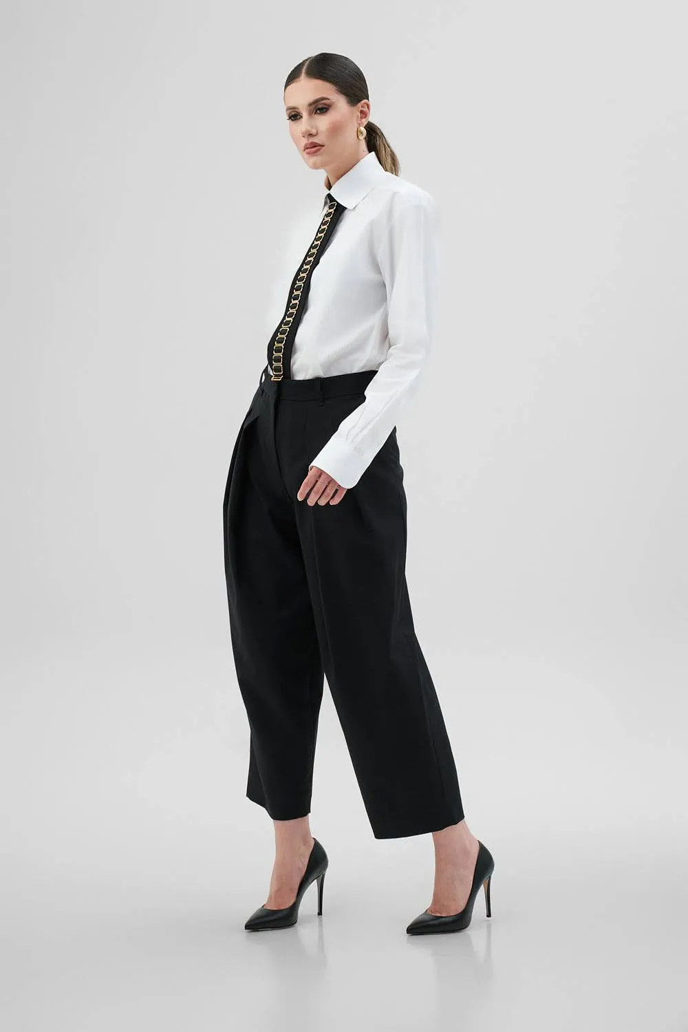 Dualitae MANON pantaloni negri stofa lungime 90 cm
