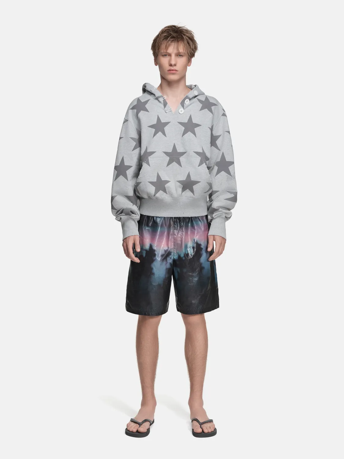 Enrage Ripped Collar Hoodie hanorac gri cu stele