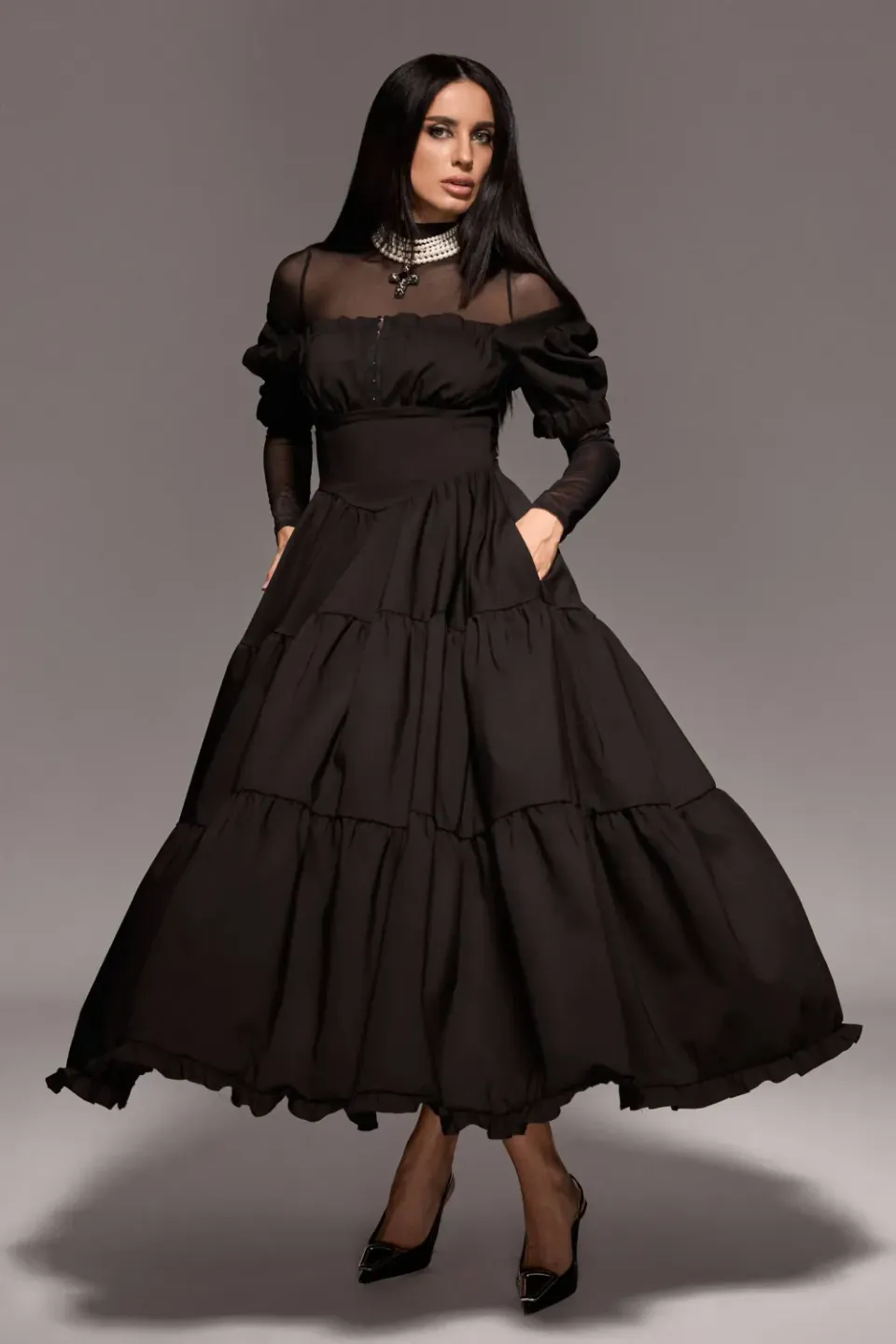 Grama Shop Milkmaid rochie lungă neagră bumbac