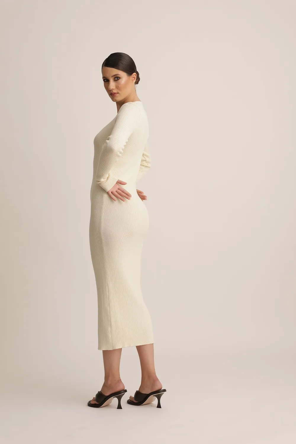 Dualitae Hemera rochie tricotată bej lână merinos