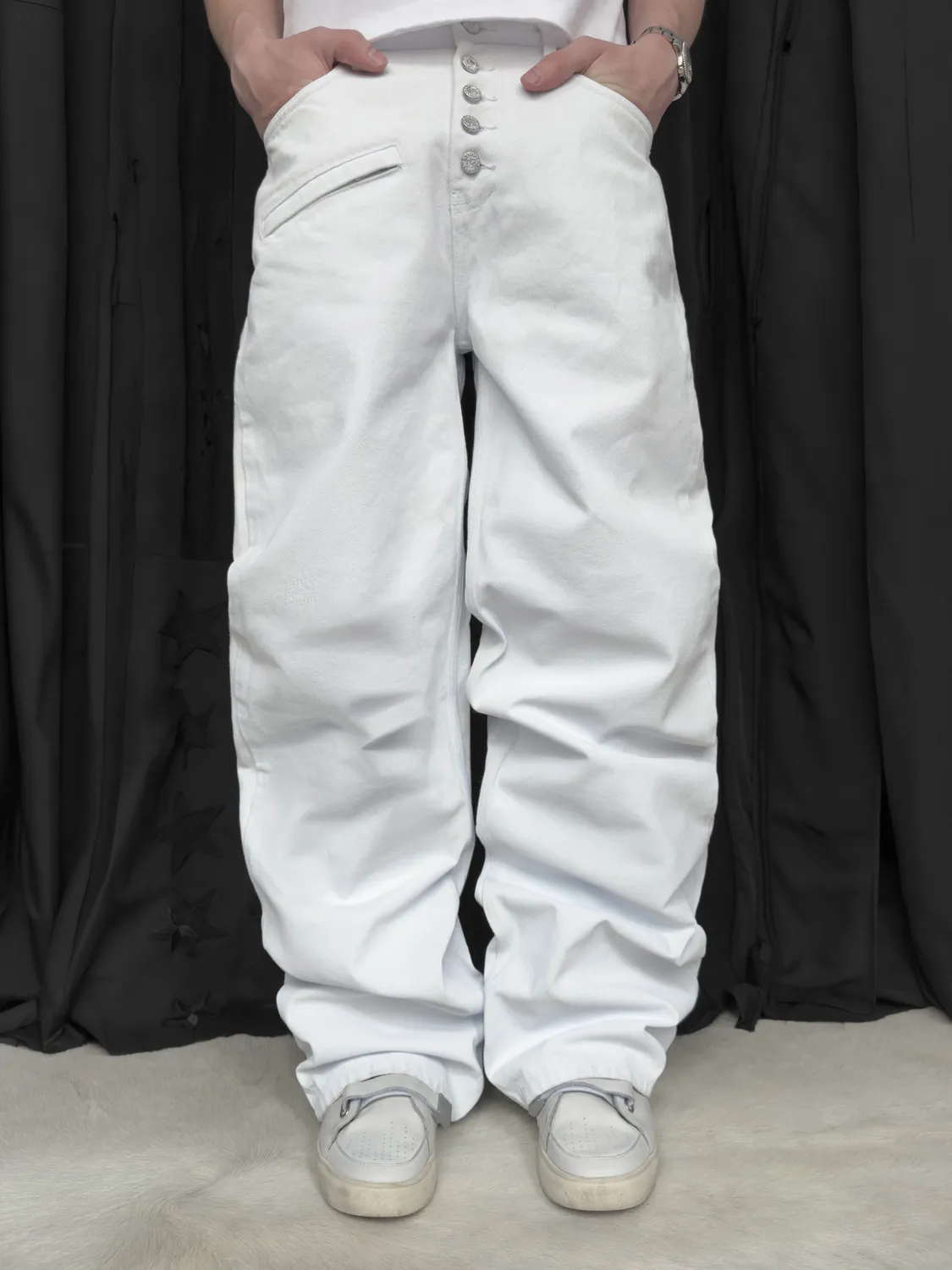 Enrage Straight Jeans blugi albi vopsea bumbac