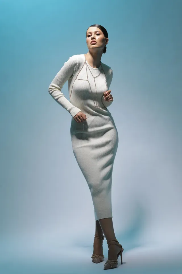 Dualitae Hemera rochie tricotată bej lână merinos
