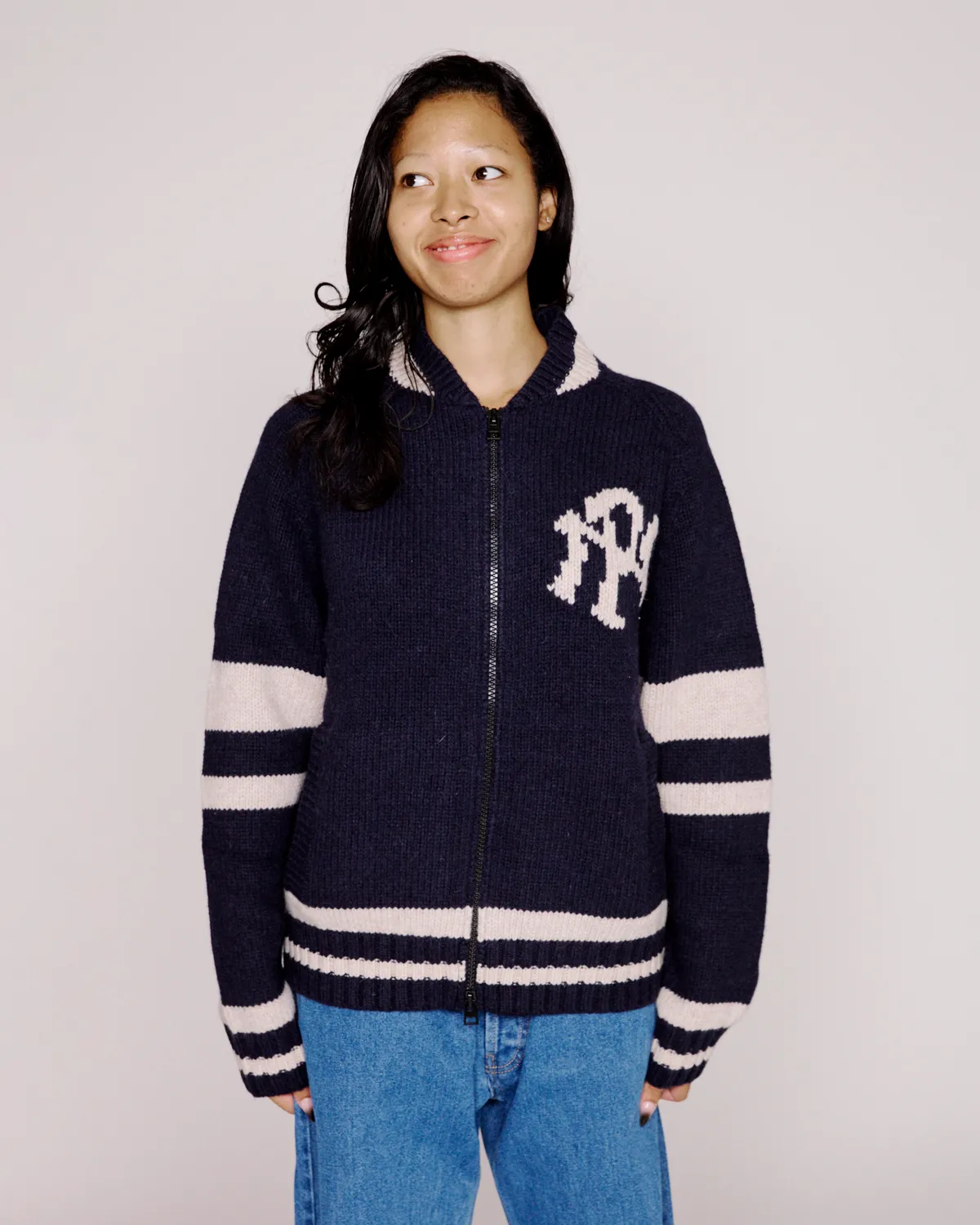 No Problemo NYP Varsity Zip Thru cardigan tricot bleumarin
