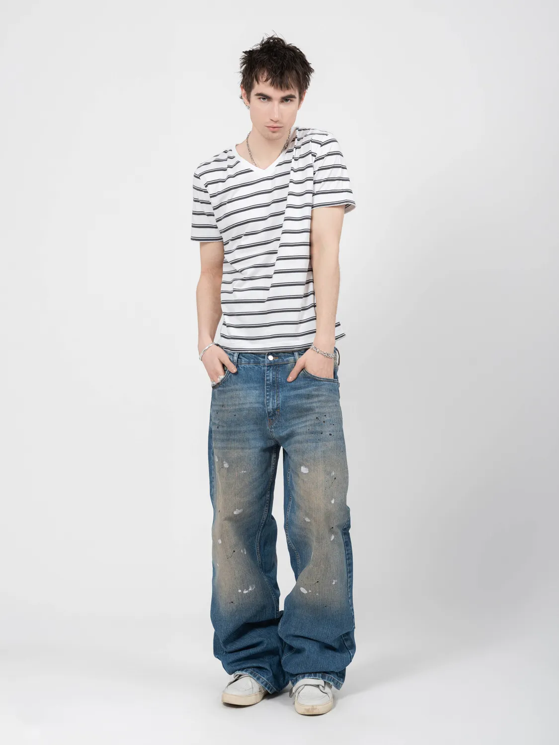 Enrage V-Neck Tee tricou dungi albe bumbac