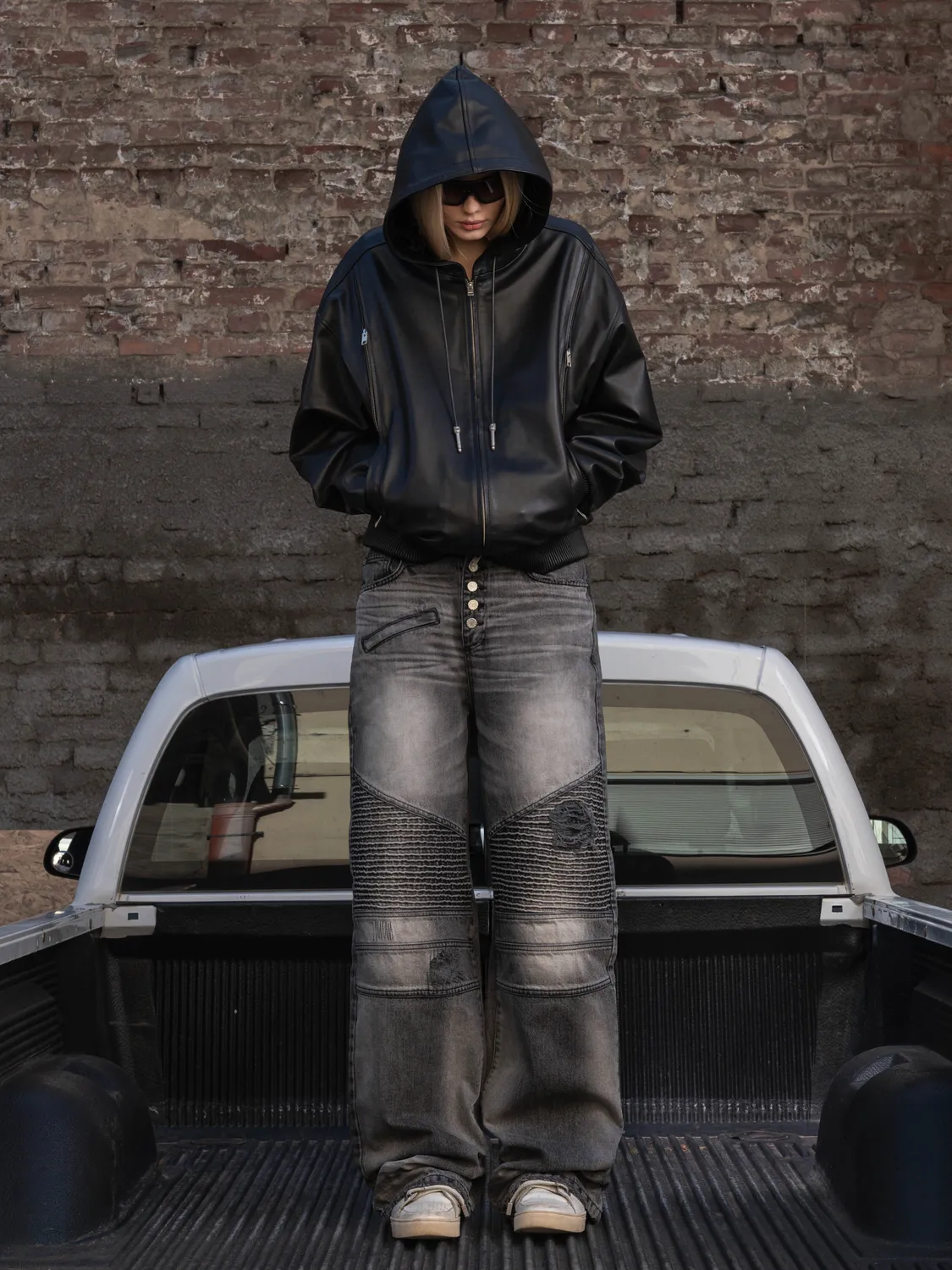 Enrage Biker blugi negri washed black denim gros