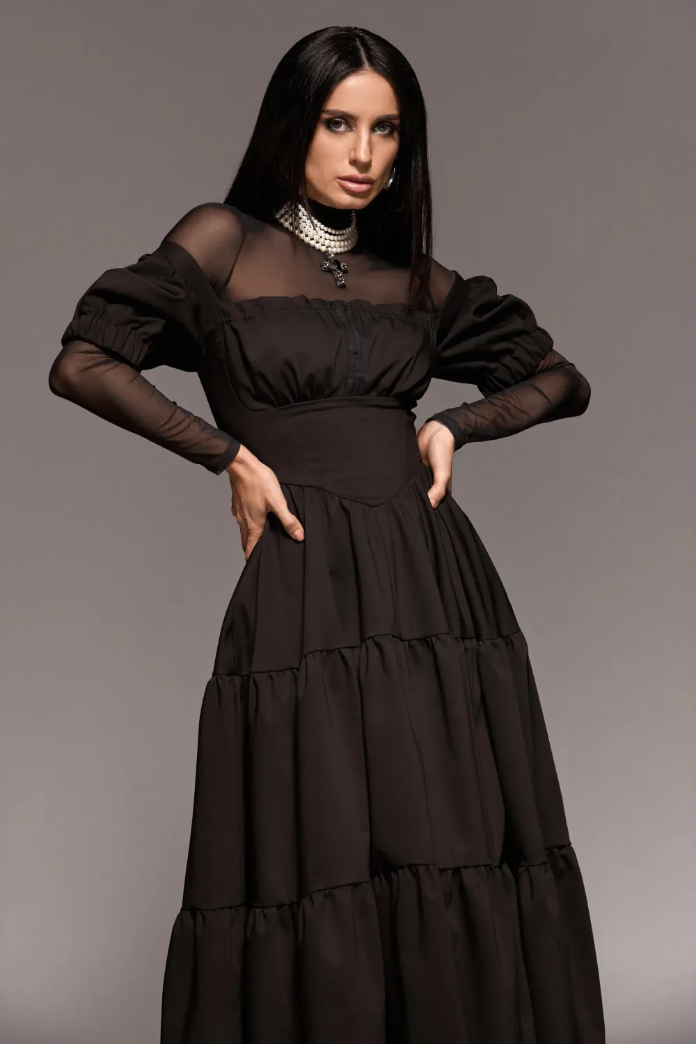 Grama Shop Milkmaid rochie lungă neagră bumbac